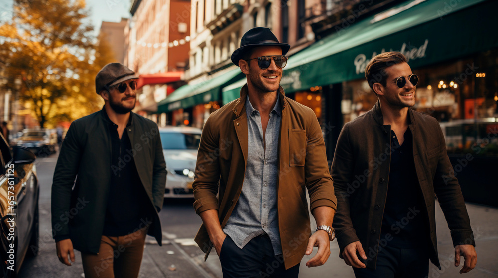 Stylish men with urban attitude and glamour stroll down the street Stylish men with urban attitude and glamour stroll down the street