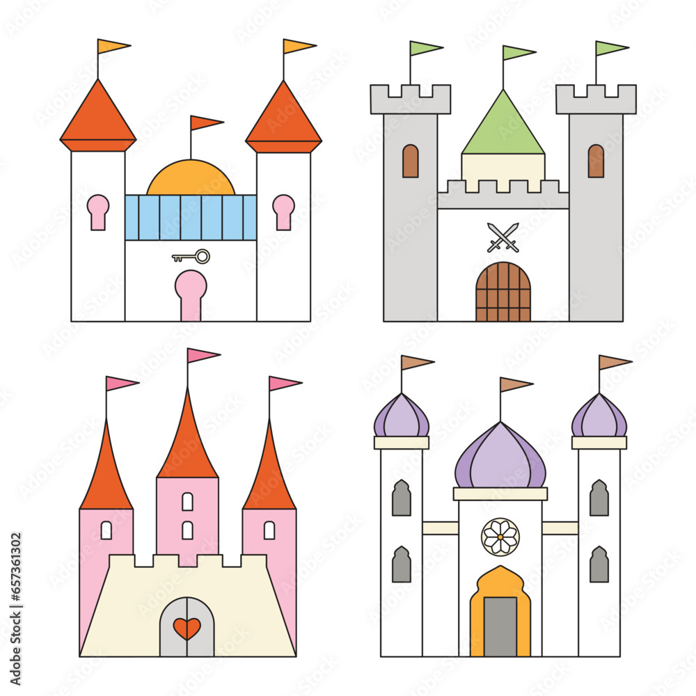 Cute cartoon simple castle icon set isolated on white background. Different styles and colours. Vector illustration