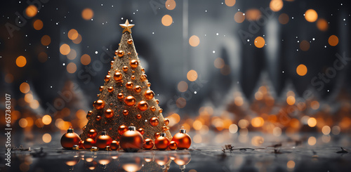 bright christmas tree with decorations on a dark background golden baubles christmas tree with christmas balls, in the style of soft edges and blurred details