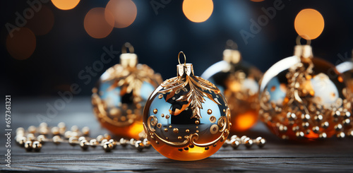 bright christmas tree with decorations on a dark background golden baubles christmas tree with christmas balls, in the style of soft edges and blurred details