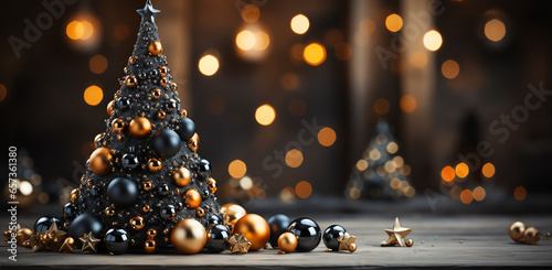 bright christmas tree with decorations on a dark background golden baubles christmas tree with christmas balls, in the style of soft edges and blurred details