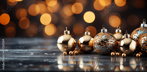 bright christmas tree with decorations on a dark background golden baubles christmas tree with christmas balls, in the style of soft edges and blurred details