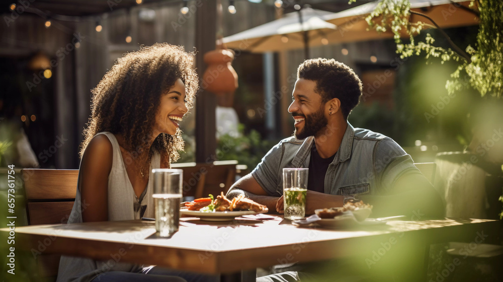 Fresh Local Cuisine. A couple savoring fresh and locally sourced cuisine in an outdoor restaurant.