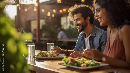 Outdoor Farm-to-Table Dining. A couple enjoying a farm-to-table dining experience in an outdoor setting. © cwiela_CH