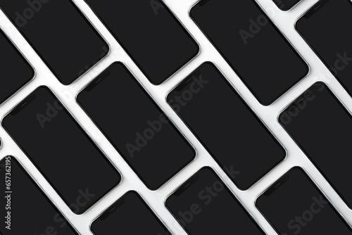 Smartphones top view flat lay multi screens mockup on grey background. 3D illustration.