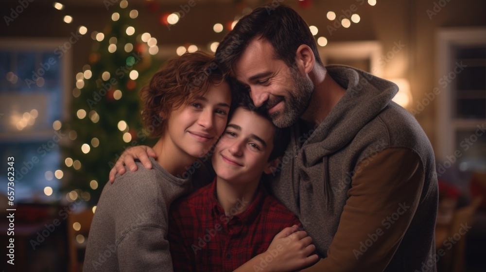 Father and their teenage son hugging against blurred Christmas tree background.