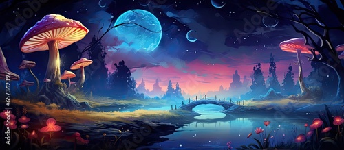 Illustration of an enchanting landscape for Alice in Wonderland with flowers mushrooms butterflies and moon photo