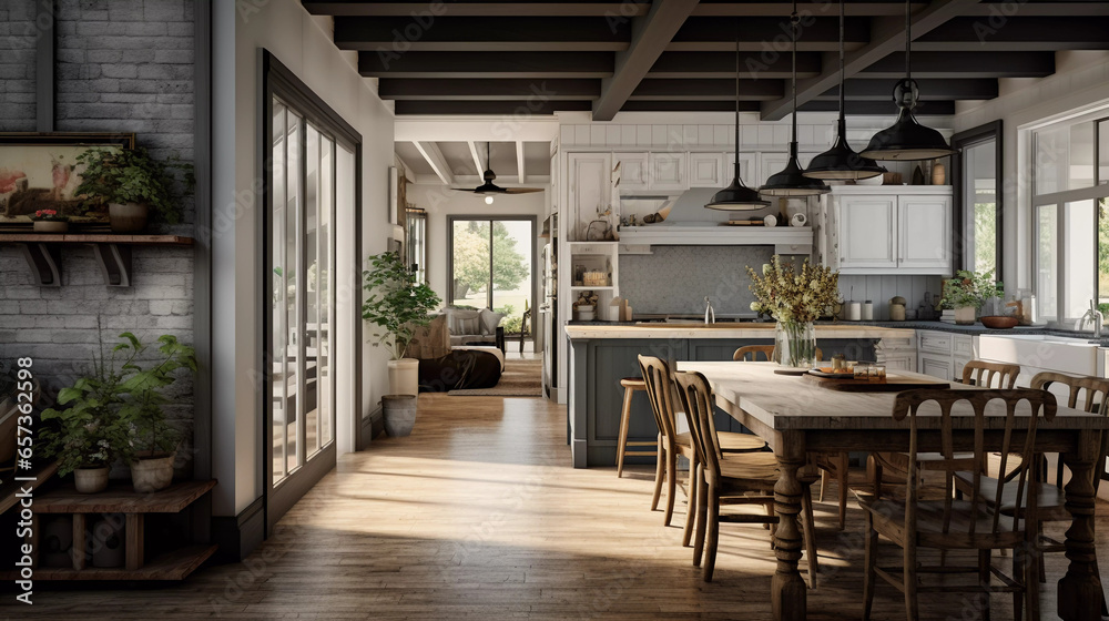 Farmhouse-Modern Fusion. Capture the fusion of farmhouse and modern design elements.