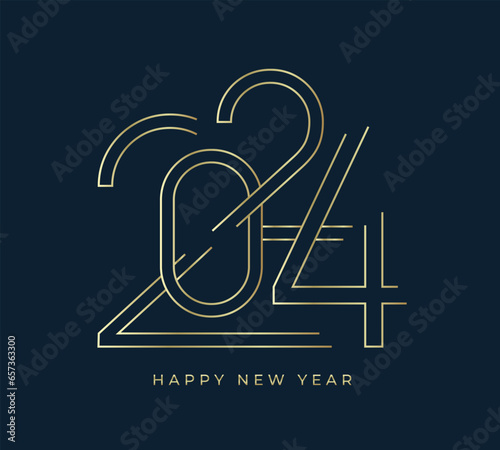 New Year 2024 gold typography greeting card design on dark background. Christmas invitation poster with line golden numbers.