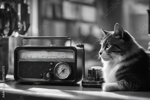 Monochrome_ In black and white, the cat listens intently to an old radio, evoking a sense of nostalg