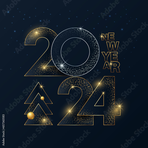 New Year 2024 gold numbers typography greeting card. Christmas invitation poster with golden glitter numeral.