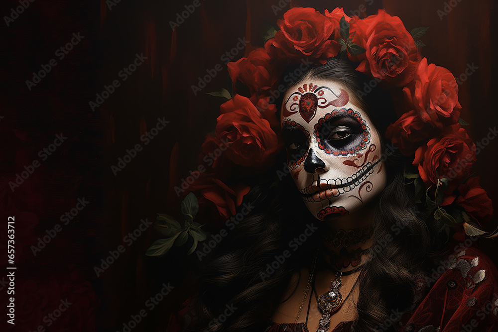Dia De Muertos Ai Generated Background Wih A Beatiful Woman In Skull Make Up