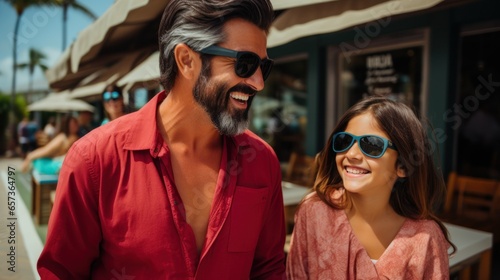 Father and daughter wearing glasses are walking on the street © Mustafa