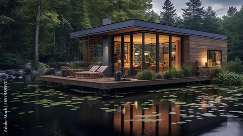 Waterfront Sanctuary: Stylish Floating Cabin. Discover a waterfront sanctuary in this floating cabin