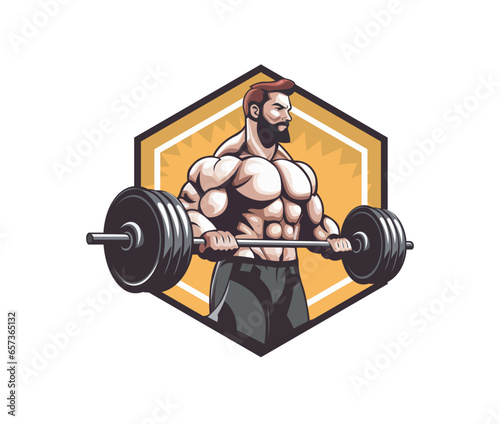 muscle man body lifting barbell for gymnastic body building vector logo design template