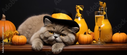 British shorthair cat in amusing attire resting on table during Halloween or carnival With copyspace for text