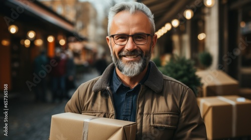 Mature delivery man with glasses holding a package.
