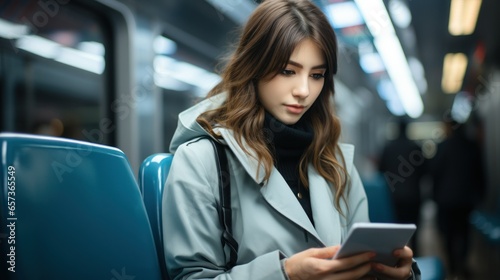 Asian woman holding a tablet is using public transportation