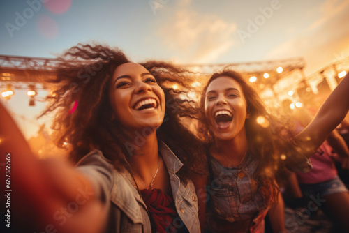 Beautiful young women having fun at colourful music festival. Happy girls enjoying themselves and dancing. Summer holiday, vacation concept.