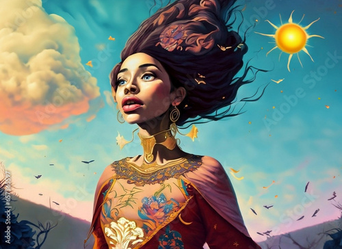 personnage fantasy  femelle dans un fond ciel avec un gros nuage, lucioles et soleil en arrière plan