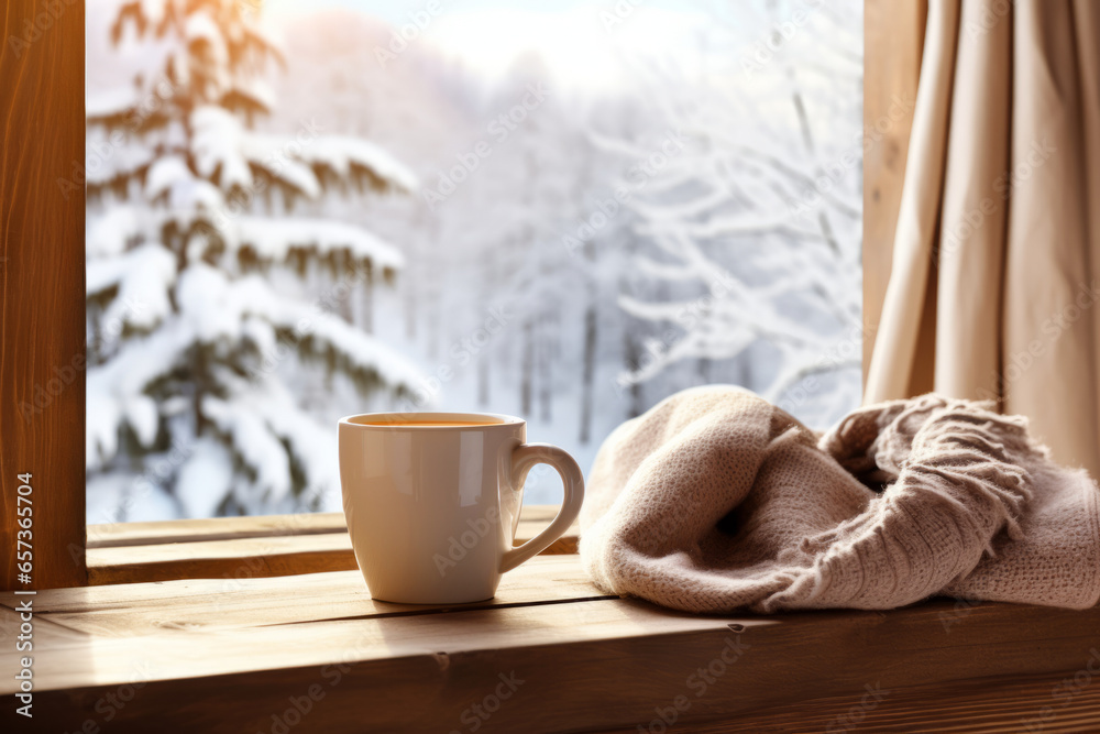 Φωτογραφία Cozy warm winter composition with cup of hot coffee or chocolate, cozy blanket and snowy landscape on sunny winter day