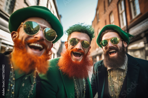 Beautiful young cheerful friends wearing green clothes and accessories participating in traditional Saint Patrick's Day parade in Irish town.