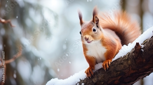 Cute red squirrel eats a nut in winter scene with nice blurred forest in the background - Generative AI © seogi