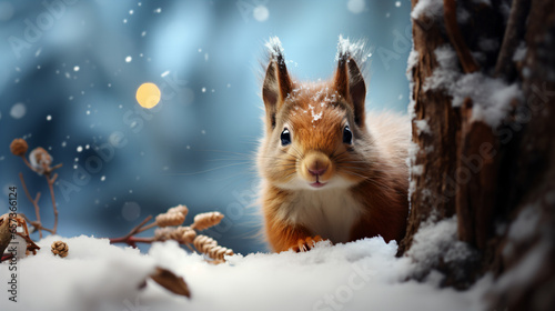 Cute red squirrel looking at winter scene - Generative AI