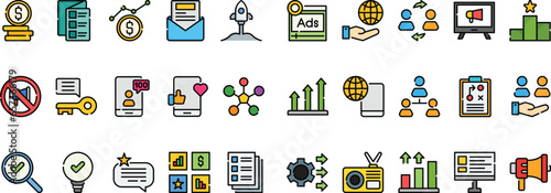 Marketing And Growth Icon Set Simple With Filled Style, Growth, Marketing, Stastistic, Global, Money, Boost, Setting Illustration