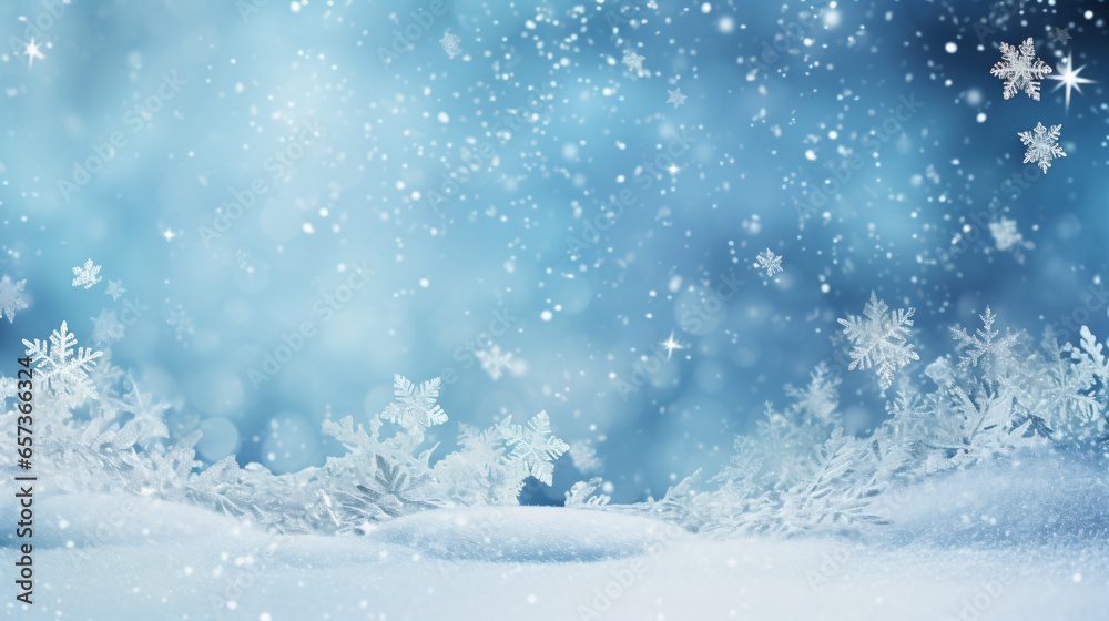 Festive winter snow background with snowdrifts, silver decorative snowflake with beautiful light and snow flakes on blue sky, banner format - Generative AI