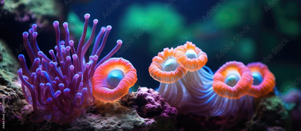 Obraz premium Clownfish family in colorful anemone on tropical reef With copyspace for text