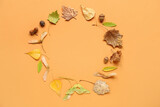 frame made of autumn leaves and acorns on orange background