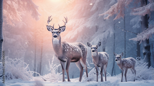 Family of noble deer in a snowy winter forest at sunset. Christmas fantasy image in blue and white color. Pink clouds. Snowing. Winter - Generative AI