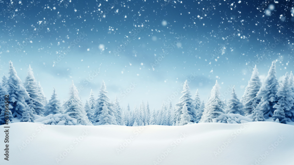 Natural Winter Christmas background with sky, heavy snowfall, snowflakes in different shapes and forms, snowdrifts. Winter landscape with christmas shining beautiful snow - Generative AI