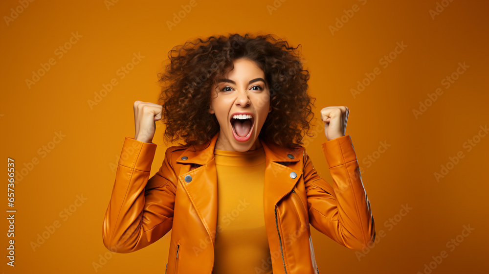 Photo of ecstatic lady shout loud yeah fist up raise win lottery isolated bright shine color background - Generative AI - obrazy, fototapety, plakaty 