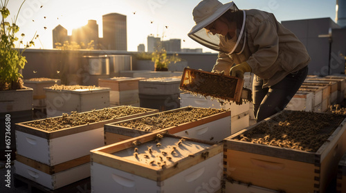 Urban Beekeeping Tranquility. Discover tranquility in this urban beekeeping scene photo