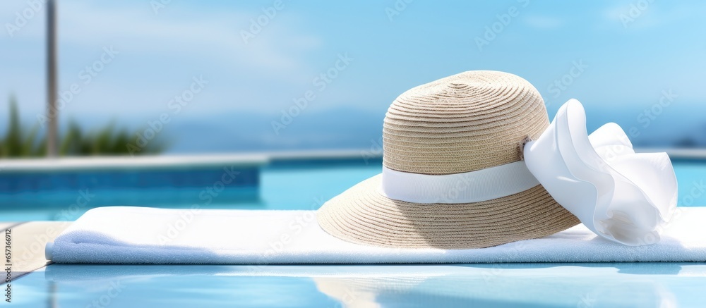 Summer resort with poolside amenities like sun hat towel sunscreen - obrazy, fototapety, plakaty 