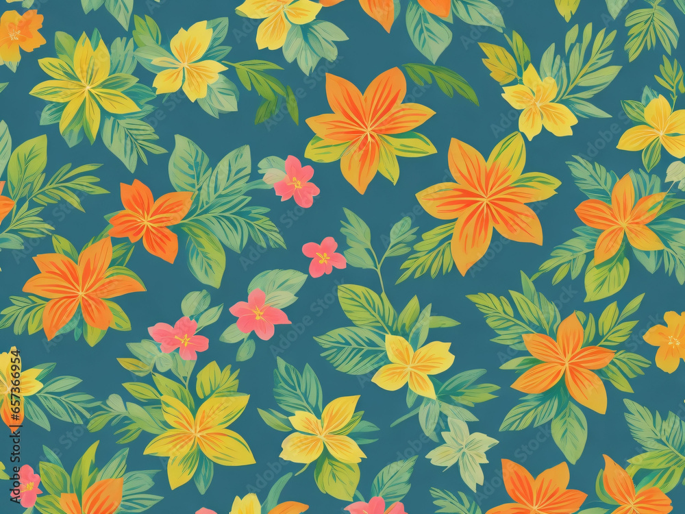 Create a lively and colorful stylish retro aloha pattern with painted leaves and blossoms that exude a natural and exotic feel, capturing the essence of summer generative AI Create a lively and colorful stylish retro aloha pattern with painted leaves and blossoms that exude a natural and exotic feel, capturing the essence of summer generative AI