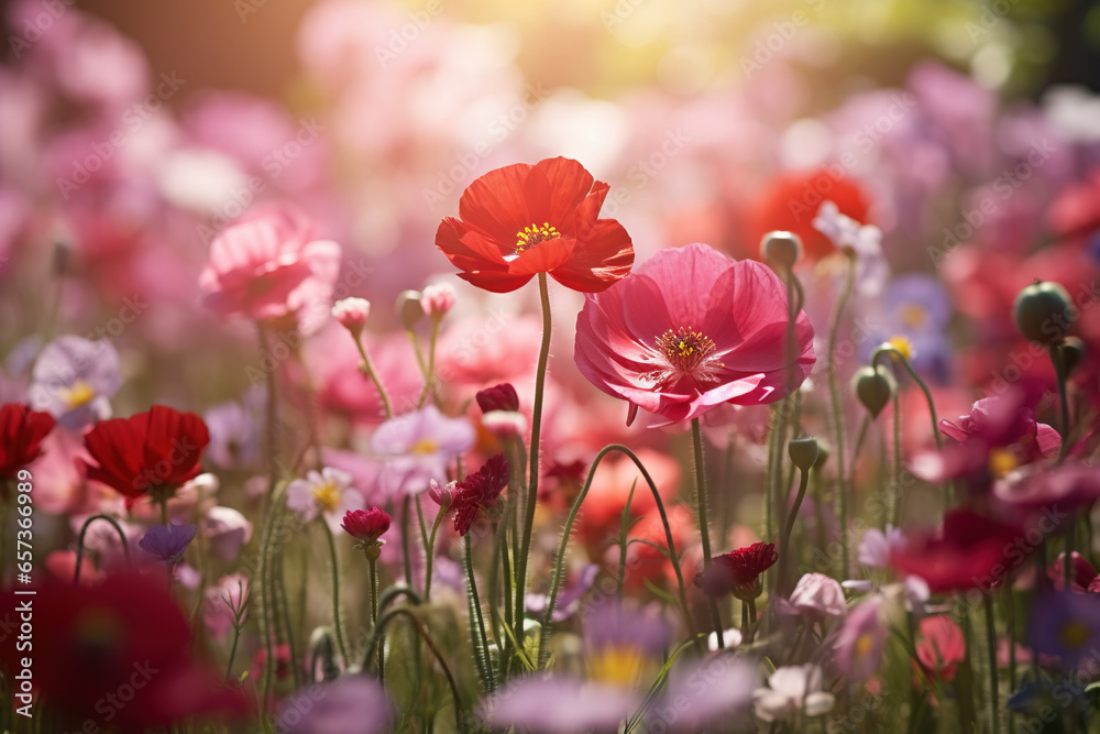 Beautiful wild flowers in the field. Blooming meadow with variety of wildflowers and soft daylight. Generative AI Beautiful wild flowers in the field. Blooming meadow with variety of wildflowers and soft daylight. Generative AI