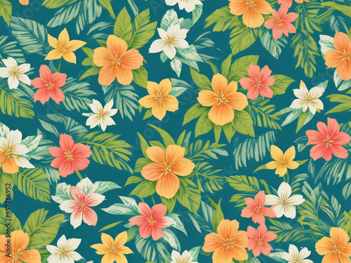Create a lively and colorful stylish retro aloha pattern with painted leaves and blossoms that exude a natural and exotic feel  capturing the essence of summer generative AI