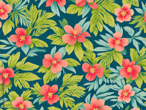 Create a lively and colorful stylish retro aloha pattern with painted leaves and blossoms that exude a natural and exotic feel, capturing the essence of summer generative AI