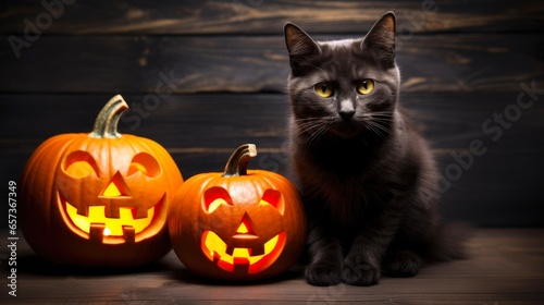 Cat and Pumpkin on Halloween. Black Cat and Jack-o'-Lantern on Creepy Wooden Background © Alona