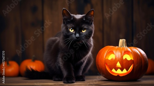Creepy Black Cat and Pumpkin: Halloween Mystery with a Mammal's Enigmatic Look © Alona
