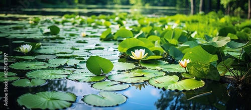 Lily pads thrive in ponds which hold most of the world s freshwater but cover just 2 of the Earth s surface With copyspace for text photo