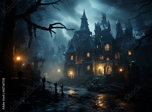 Old haunted mansion, foggy and witchy ambiance, halloween vibes