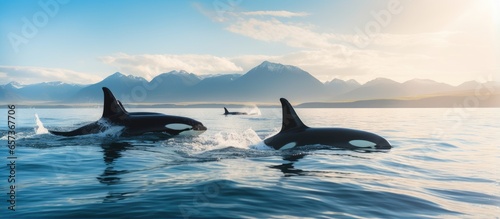 Orcas spotted above water Peninsula Valdes Patagonia Argentina With copyspace for text © 2rogan