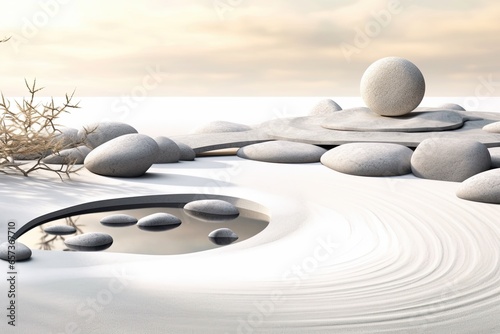 Abstract Zen Rock Garden  Tranquil Balance in Soft Gray and White  generative AI