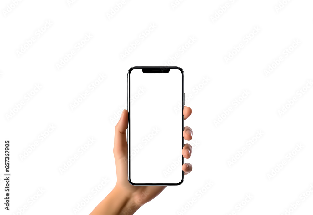 smartphone in hand with transparent blank screen, mockup of hand with smartphone with blank screen on white background, isolated on transparent background clipart - obrazy, fototapety, plakaty 