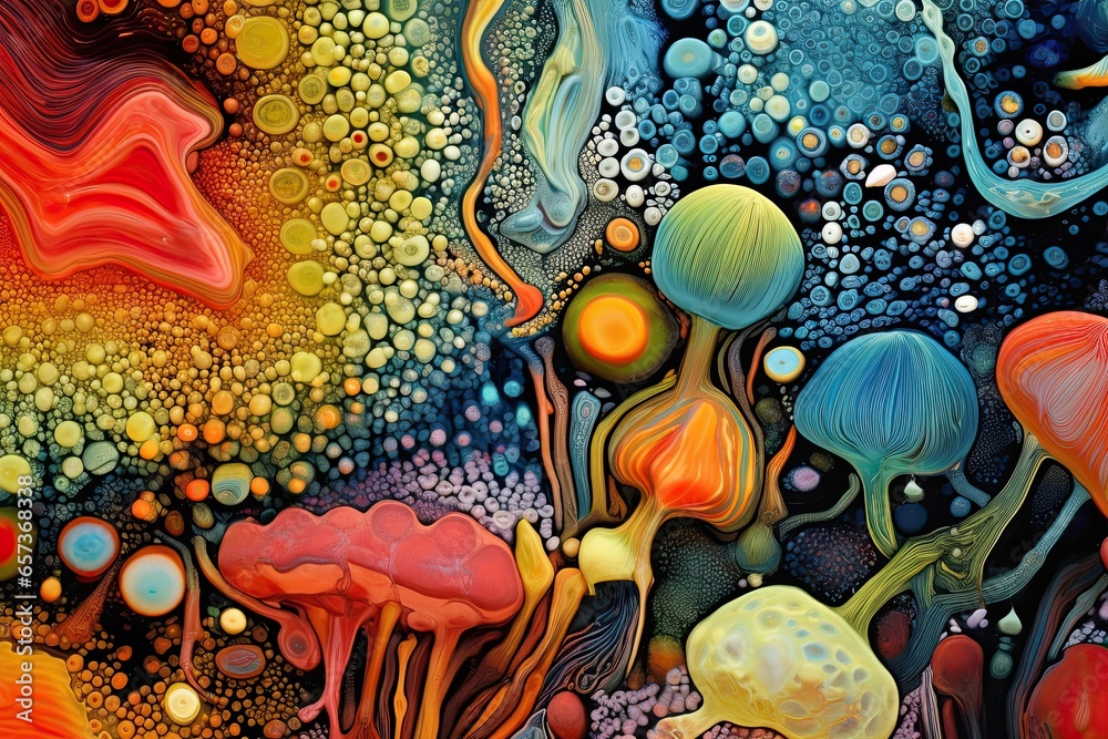 Abstract Microscopic View: Vibrant Colors and Patterns of Cellular Structures, an Art Piece Inspired by Microscopic Life Forms, generative AI