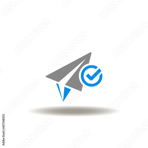Vector illustration of paper airplane with check mark. Icon of request. Symbol of mail message.
